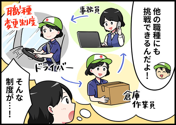他の職種にも挑戦できるんだよ!「事務員」「ドライバー」「倉庫作業員」職種変更制度
